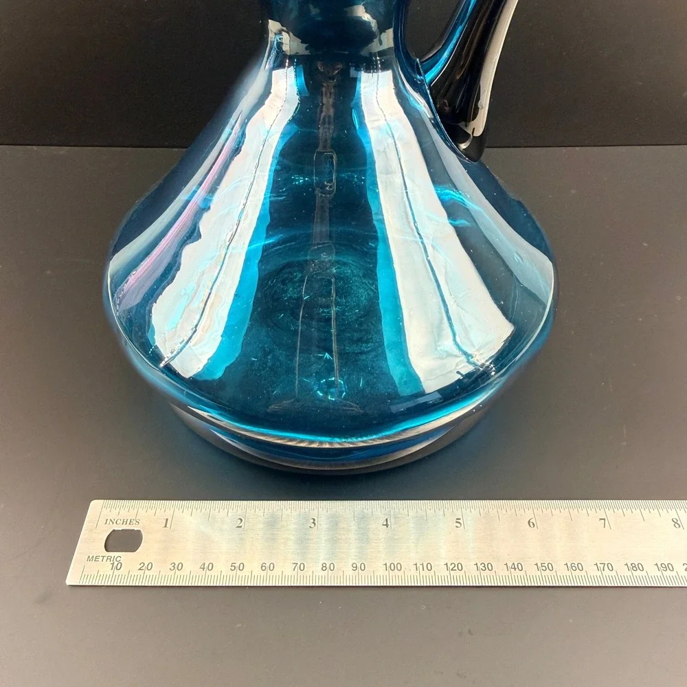Vintage Blue Art Glass Pitcher Hand Blown 13